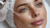 Young woman receiving facial serum treatment with dropper in beauty salon, close-up of glowing skin during professional skincare procedure.