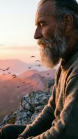Senior man with gray beard and hair gazing at sunset mountain landscape with flying birds. Contemplative elderly male enjoying peaceful nature view from rocky cliff during golden hour.