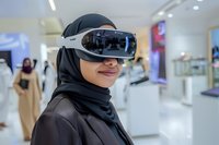 Young woman wearing virtual reality headset in modern tech showroom or museum, experiencing immersive digital technology and interactive entertainment in contemporary indoor space.