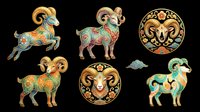 Ornate decorative goats and rams with turquoise and gold patterns, isolated on transparent background. Ready for t-shirt design, clipart, stickers, sublimation, and print-on-demand products.