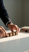 Male professional in business attire arranging wooden blocks with gold symbols representing core values, success principles, and organizational priorities for corporate training and development.