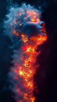 Female face profile emerging from swirling orange and blue smoke effects against dark background, with glowing embers and flame-like elements creating dramatic contrast.