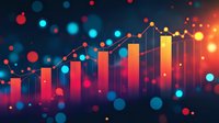 Financial growth chart with glowing bars showing upward trend against dark background with red and blue bokeh lights creating dynamic business analytics visualization.