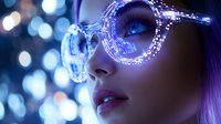 Young Asian woman wearing luminous glasses with digital pattern overlay against blurred blue bokeh background, representing future technology and innovation.