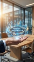 Long term value creation concept with holographic business analytics, financial charts, and growth icons displayed above businessman's hand in modern office environment.
