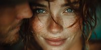 Close-up portrait of smiling young Caucasian woman with freckles and green eyes. Natural beauty concept for skincare and cosmetics advertising campaigns.
