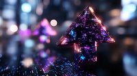 Glowing neon arrow points upward against digital circuit background with purple and blue lights creating futuristic technology concept with bokeh effect.