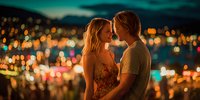 Young couple embracing at sunset overlooking city lights creating romantic atmosphere for dating apps social media and relationship content.