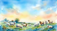 Watercolor pastoral landscape with flock of sheep grazing in green meadow under colorful sunset sky. Rural farm scene for countryside and agriculture themes.