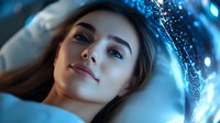 Young Caucasian woman with natural makeup and serene expression lying down surrounded by glowing blue light effects and sparkles, creating dreamy atmospheric mood.