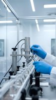 Laboratory technician in blue gloves operating pharmaceutical filling equipment in sterile cleanroom environment for drug manufacturing and quality control.