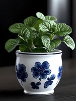 Fresh mint plant growing in white ceramic pot decorated with blue floral pattern against dark background, dramatic lighting highlights textured green leaves.