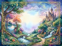 Enchanted fairy tale landscape with magical castle, flowing river, blooming trees and ornate decorative border for fantasy storytelling and children's book illustration.