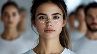 Young woman with decorative face dots and natural makeup in modern beauty concept with blurred people in background for skincare and cosmetic campaigns.