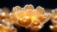 Glowing golden flower petals with magical light effects and bokeh background, soft focus macro photography creating dreamy ethereal atmosphere.