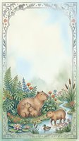 Watercolor capybara family in a lush pond scene with flowers, framed by an ornate botanical border with copy space at top.