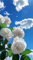 White roses bloom against vibrant blue summer sky with fluffy clouds, creating natural contrast between delicate petals and bright atmosphere. Perfect for floral designs.