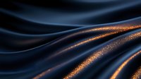 Elegant dark navy blue silk fabric with glowing copper sparkles flowing in smooth waves creates luxurious background texture for fashion and beauty designs.