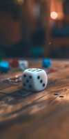 White dice on wooden board game with colorful game pieces in background, creating cozy atmosphere for family entertainment.