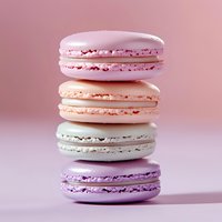 Stack of colorful French macarons in pastel pink, peach, white and purple shades on soft pink background, close-up view showing delicate texture and filling.