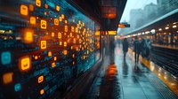 Futuristic subway platform with glowing digital interface and silhouettes of commuters in rain, reflecting neon lights on wet surface creates atmospheric urban scene.