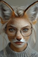 Creative portrait of a fox-human hybrid character wearing round glasses and gray sweater, featuring detailed fur textures and striking eyes against neutral background.