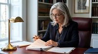 Senior Caucasian businesswoman with gray hair and glasses reading documents at wooden desk in bright office with bookshelf background for corporate content.