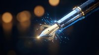 Luxury fountain pen writing with golden sparks and bokeh lights creating magical calligraphy effect on dark background for premium stationery designs.