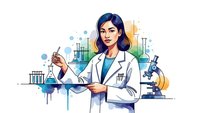 Female scientist in white lab coat conducting research with test tubes and microscope in modern laboratory setting for educational content.