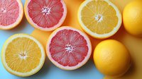 Fresh citrus fruits sliced in half showing vibrant pink grapefruit and orange segments arranged on yellow background, natural organic produce for healthy eating and juice making.