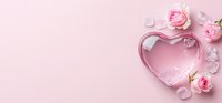 Pink heart shaped glass container with delicate rose flowers and scattered crystal decorations on soft pink background, romantic feminine composition for valentines and weddings.
