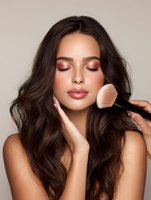 Young woman with long brown hair and pink eyeshadow having makeup applied with brush against neutral beige background for beauty advertising.