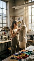 Young female fashion designer working on dress form in bright creative studio workspace with sewing machines and fabric samples for clothing design projects.