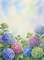Watercolor hydrangea garden with blue, pink, purple, and green blooms on a soft pastel sky background, copy space for text.
