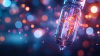 Glowing mason jar with magical sparkles against blurred bokeh background in blue and orange tones creates dreamy atmospheric lighting effect.