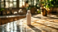 Cosmetic bottle on wooden surface with warm sunlight and bokeh lights creating elegant spa atmosphere for skincare and beauty product marketing.