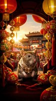 Rat wearing traditional gold collar surrounded by red lanterns and decorative ornaments in festive temple setting during sunset celebration.