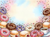 Assorted glazed donuts with sprinkles and coffee cup arranged on pastel watercolor background with floating hearts and decorative elements, suitable for bakery menus, cafe designs, and food illustrations.