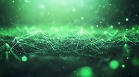 Abstract green network connections with glowing dots and geometric lines forming mountain-like shapes against dark background, bokeh light effects create depth.