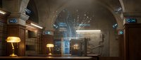 Futuristic bank vault interior with holographic security system and digital interface elements in underground stone architecture.