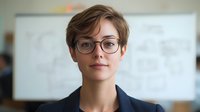 Young Caucasian businesswoman with short brown hair and glasses wearing navy blazer, looking confidently at camera. Professional background.
