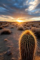 Dramatic desert sunset with barrel cactus silhouetted against golden sunburst, dramatic clouds and mountain backdrop in arid landscape. Perfect for nature themes.