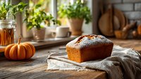 Freshly baked pumpkin bread loaf dusted with powdered sugar on rustic kitchen counter with autumn decor and herbs in sunlit window.