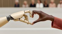 Robotic and human hands forming heart shape, symbolizing connection between artificial intelligence and humanity in technological advancement.