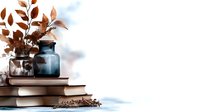Autumn leaves in glass vase on stack of books with coffee beans, cozy home decor setup for seasonal interior design and lifestyle photography.
