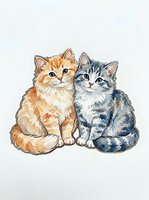 Two adorable kittens, one orange tabby and one gray tabby, sit together on isolated white background. Hand-drawn watercolor style artwork suitable for greeting cards, children's books, and pet-themed designs.