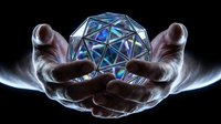 Hands holding glowing geometric wireframe sphere with blue light energy, representing innovation, technology, and future concepts for business and science applications.