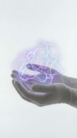 Hands holding glowing purple energy network with connected nodes and light trails representing digital connectivity and neural pathways.