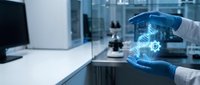 Scientist in white gloves holding holographic digital interface with gear icons in modern laboratory setting for technology and innovation concepts.