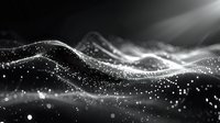 Abstract black and white background with flowing light waves and glowing particles creating dynamic motion effect. Elegant design for modern digital art and presentations.